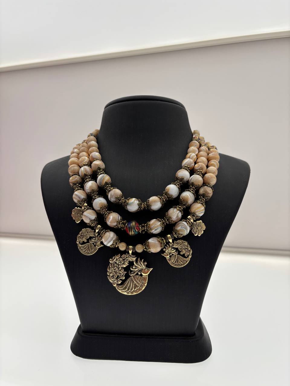 Beige Ukrainian Traditional Fire Bird Pearl Necklace - Ethnic Jewelry
