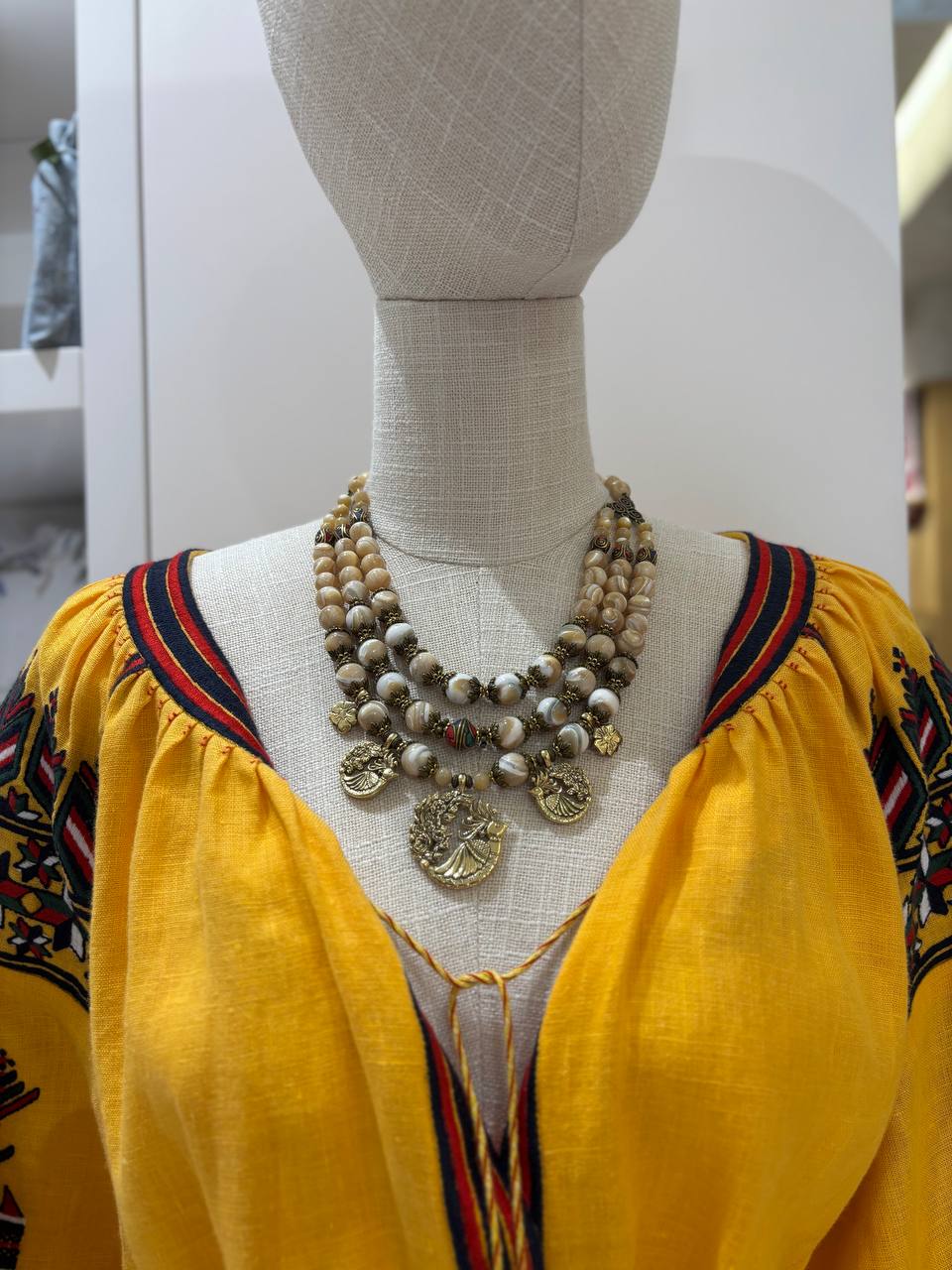 Beige Ukrainian Traditional Fire Bird Pearl Necklace - Ethnic Jewelry