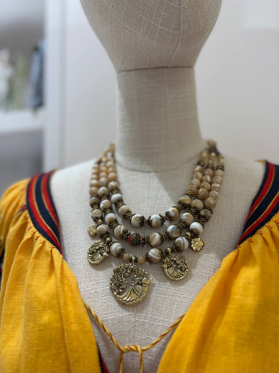 Beige Ukrainian Traditional Fire Bird Pearl Necklace - Ethnic Jewelry