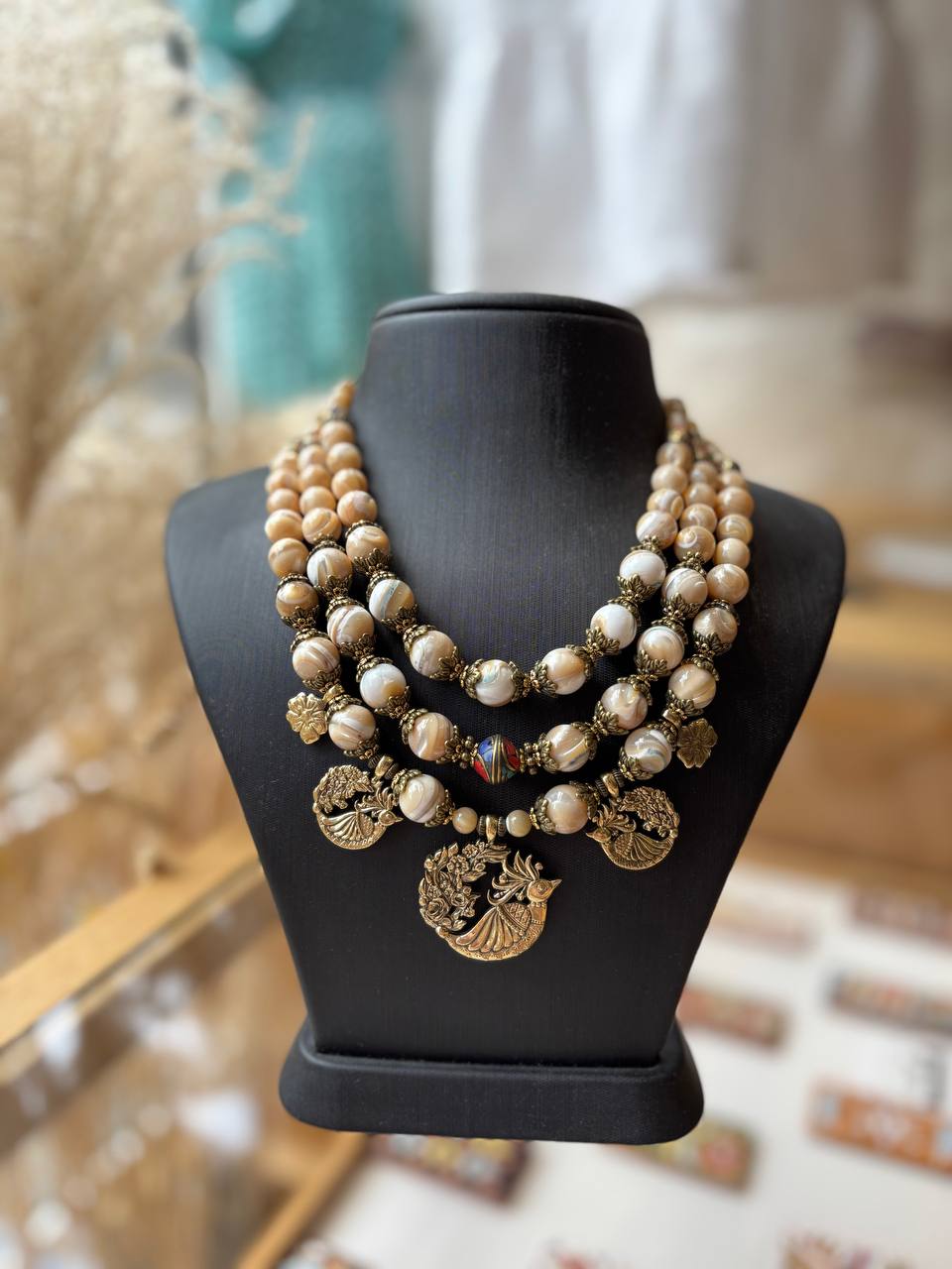 Beige Ukrainian Fire Bird Necklace Traditional Ethnic Jewelry
