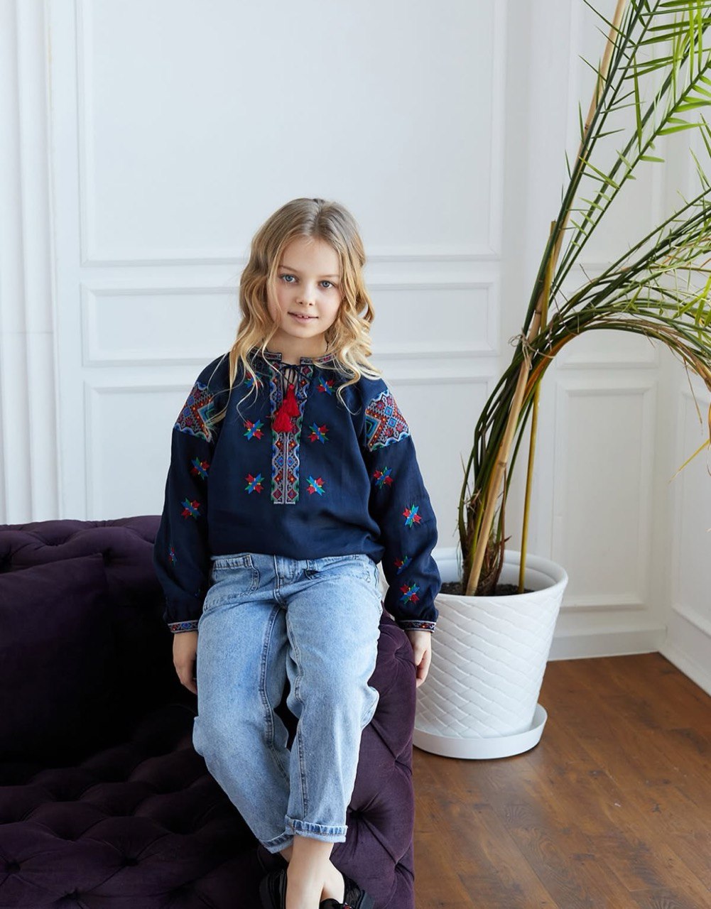 Blue Linen Embroidered Ukrainian Vyshyvanka Blouse for Girls