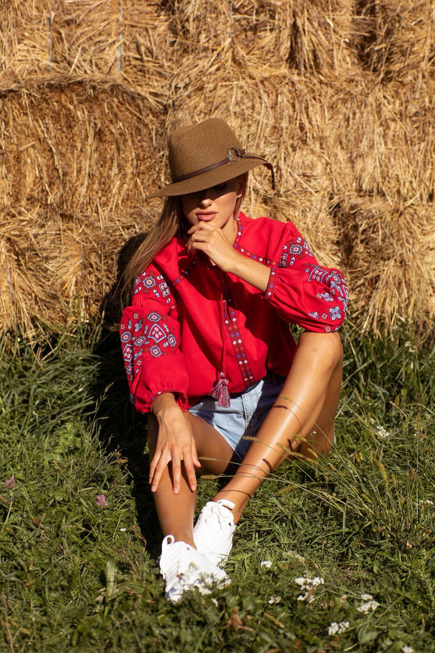 Red Embroidered Blouse Linen Ukrainian Vyshyvanka Women's Top shirt