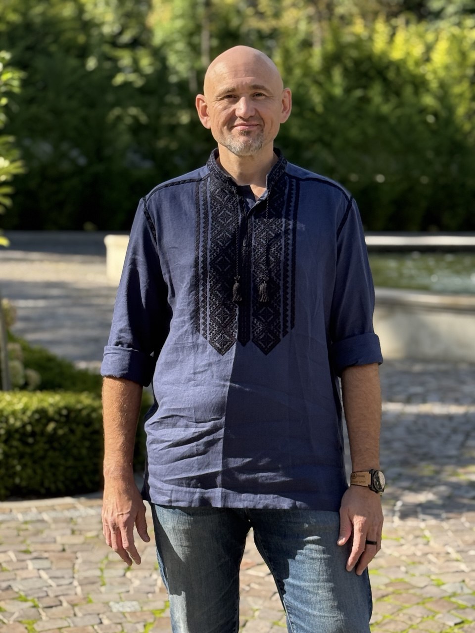 Blue Embroidered Shirt for Men Linen Vyshyvanka