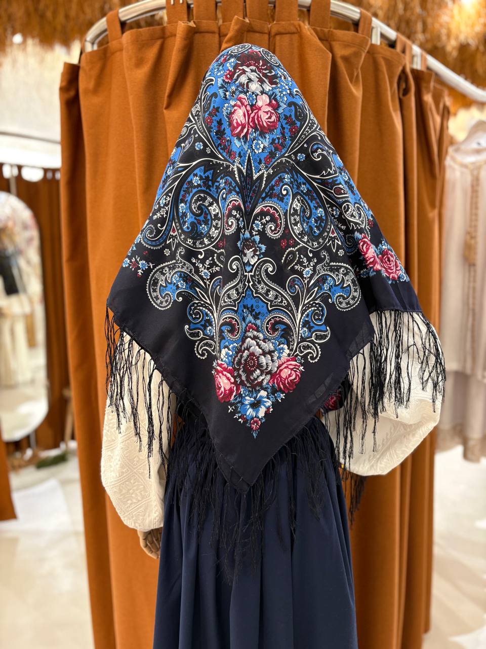 Ukrainian Wool Shawl 80% - Ethnic Floral Scarf, Traditional Hijab