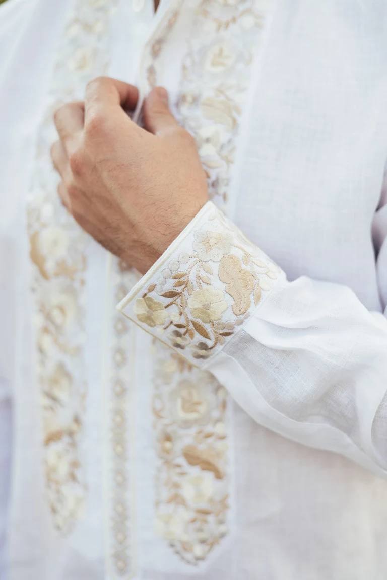 White Linen Shirt Embroidered Ukrainian for men shirt with gold embroidery