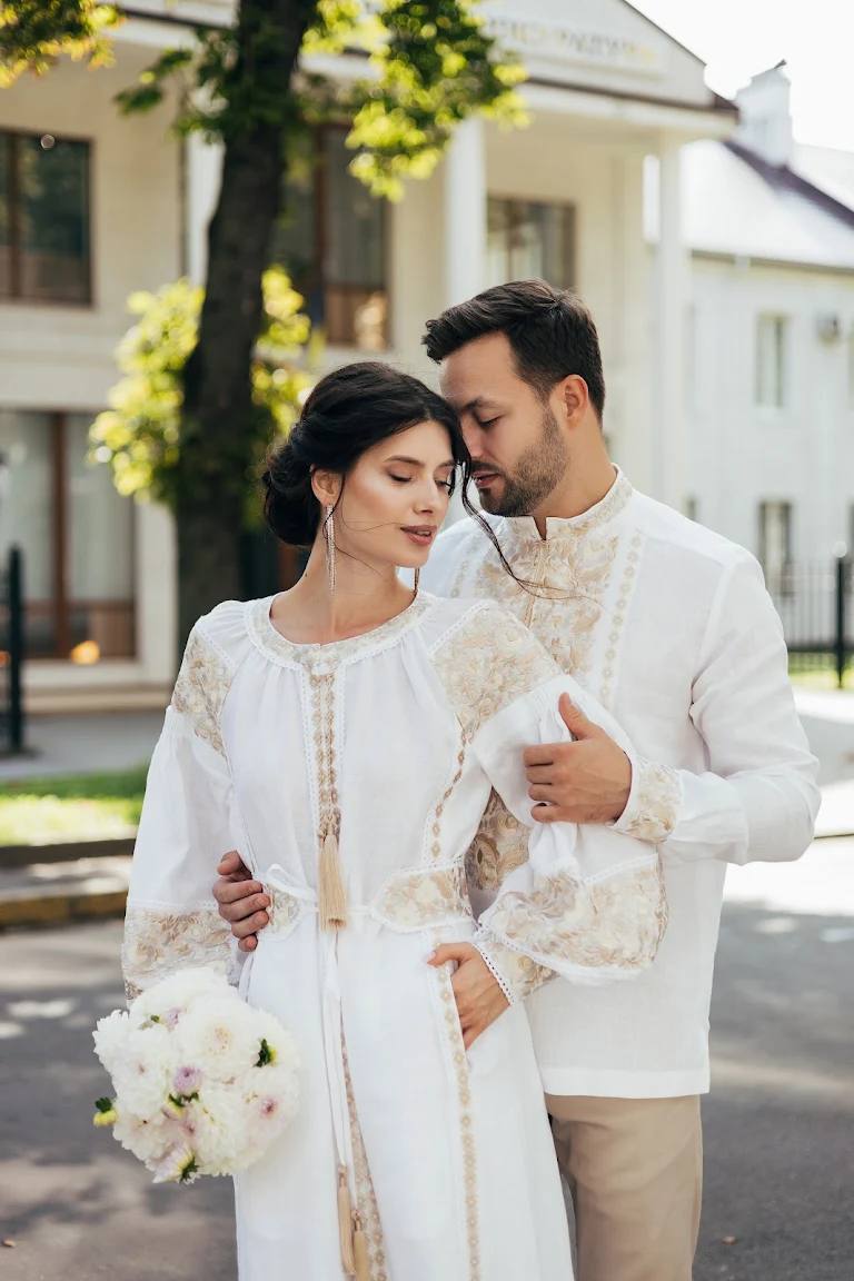 White Wedding Linen Dress with Exquisite with gold embroidery Ukrainian Vyshyvanka Traditional