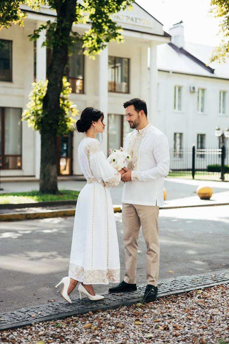 White Wedding Linen Dress with Exquisite with gold embroidery Ukrainian Vyshyvanka Traditional