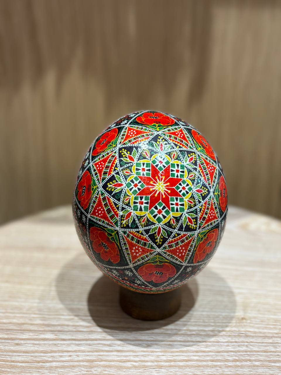 Handmade Ukrainian Ostrich Egg Pysanka - Traditional Easter Decor