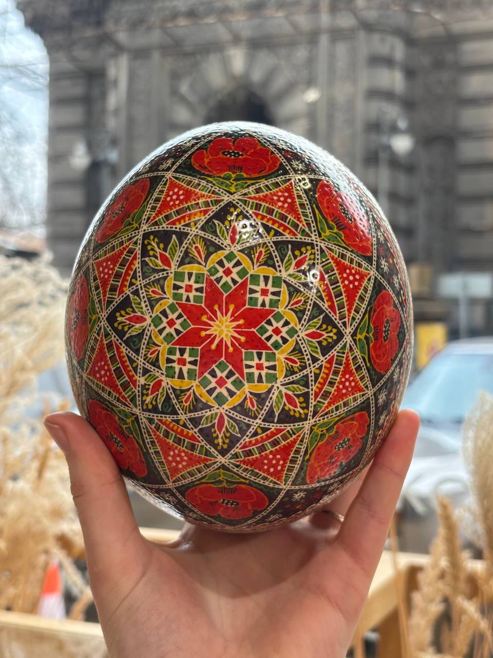 Handmade Ukrainian Ostrich Egg Pysanka - Traditional Easter Decor
