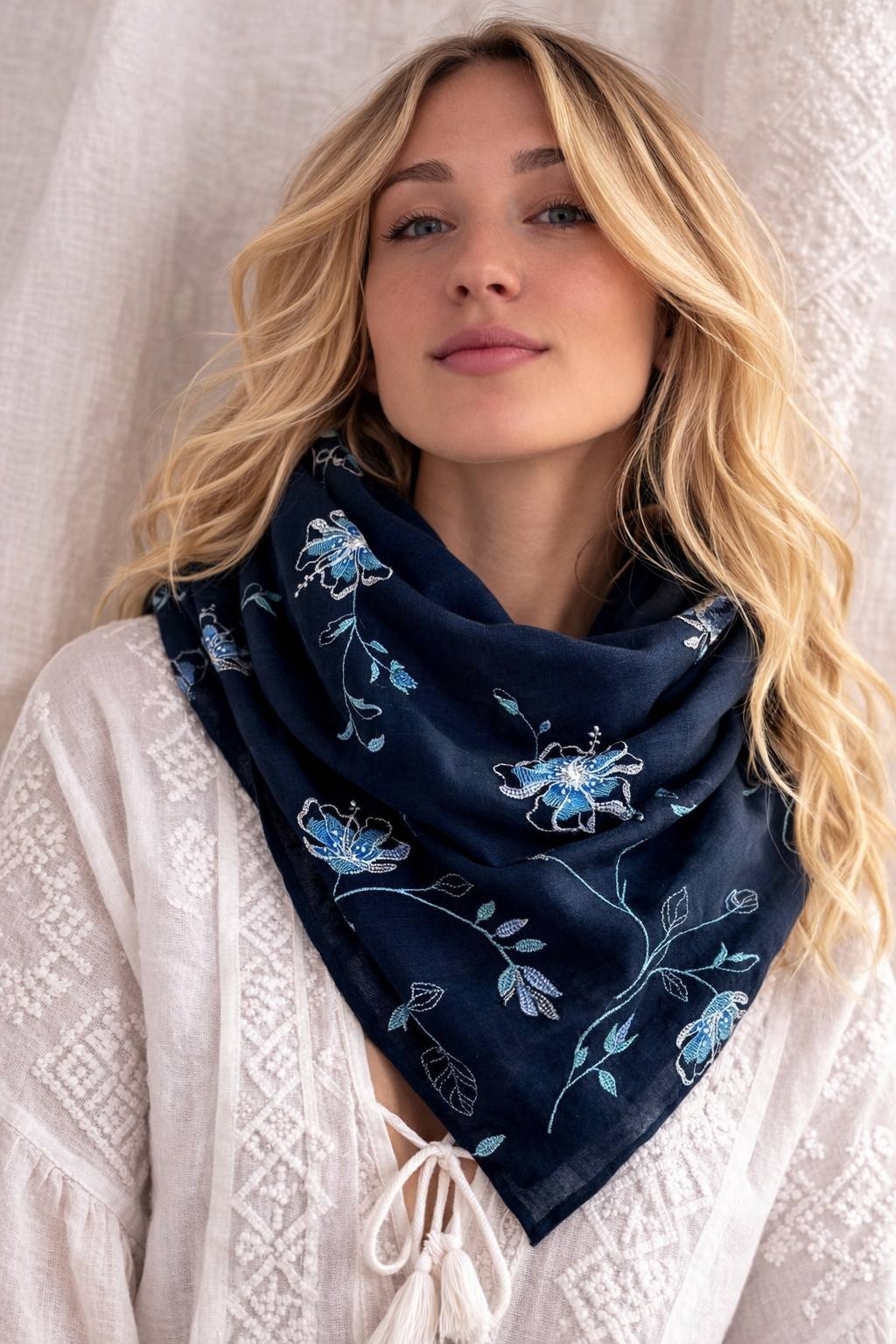 Blue Ukrainian shawl Traditional bohemian scarf flower