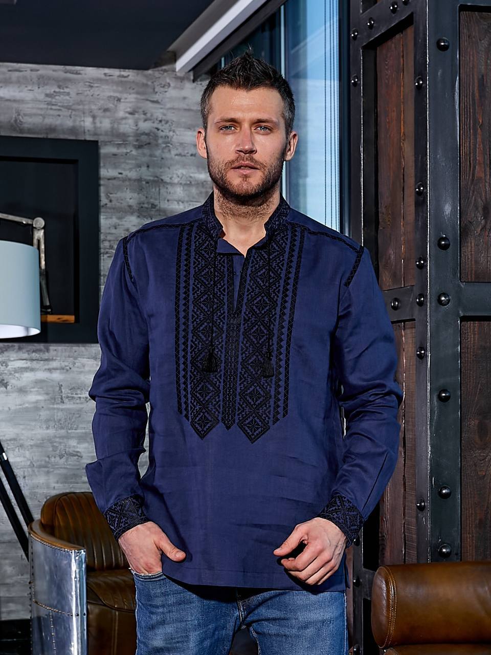 Blue Embroidered Shirt for Men Linen Vyshyvanka