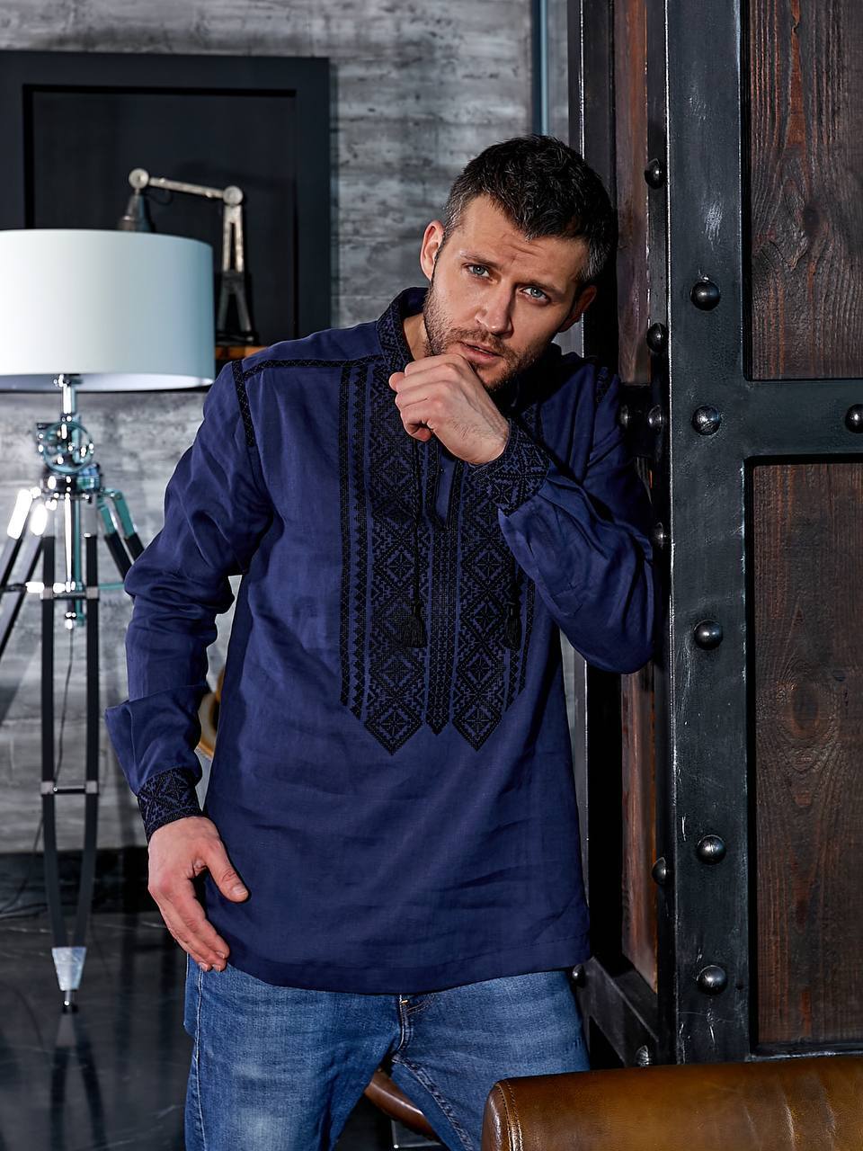Blue Embroidered Shirt for Men Linen Vyshyvanka