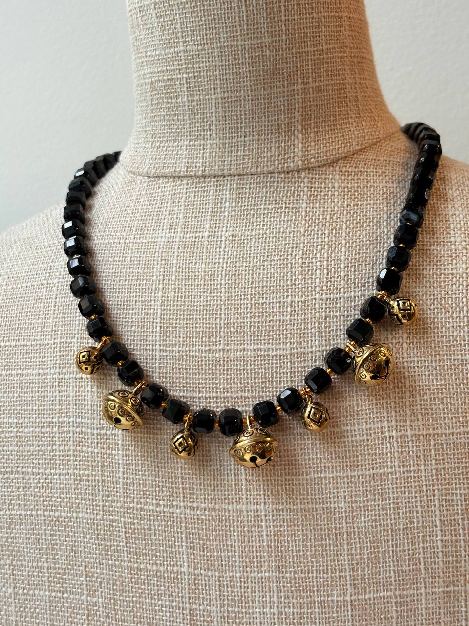 Black Agate Necklace, Brass Charm,
