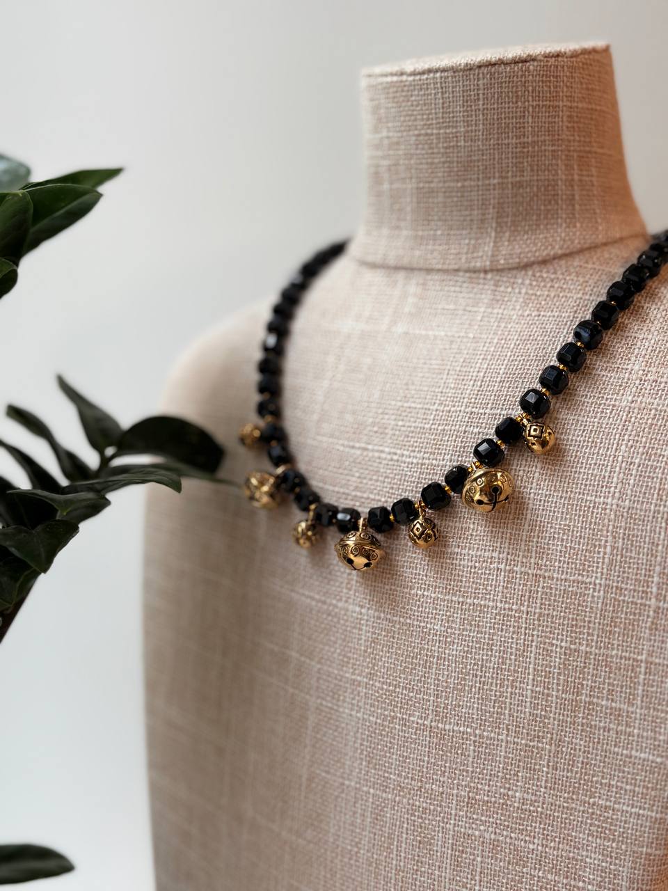 Black Agate Necklace, Brass Charm,