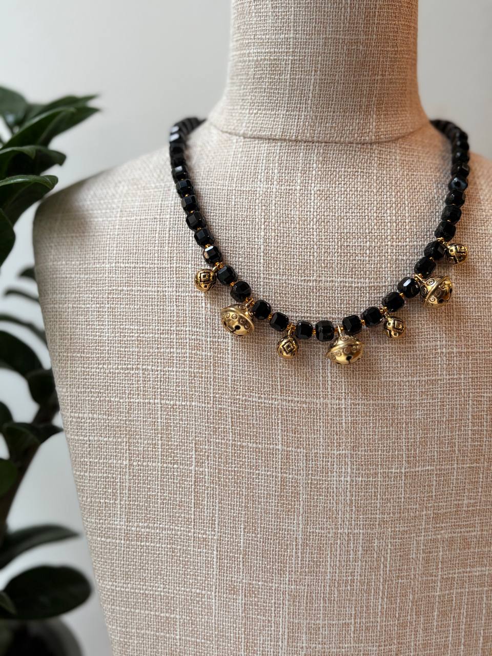 Black Agate Necklace, Brass Charm,