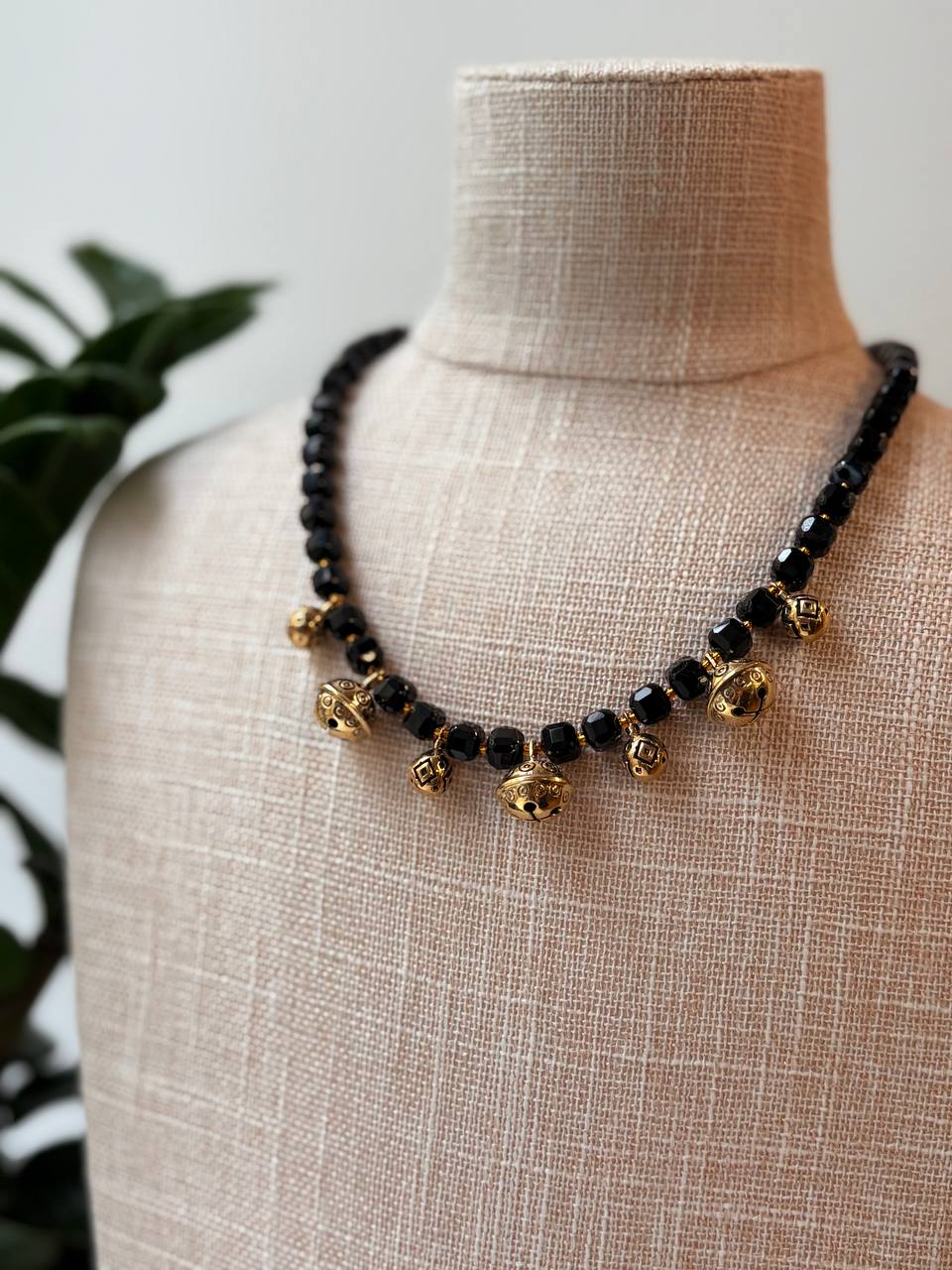 Black Agate Necklace, Brass Charm,