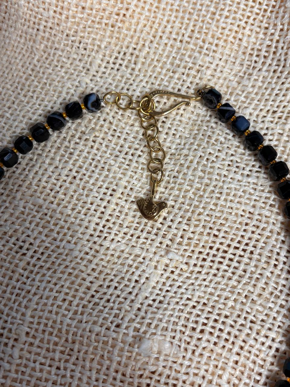 Black Agate Necklace, Brass Charm,