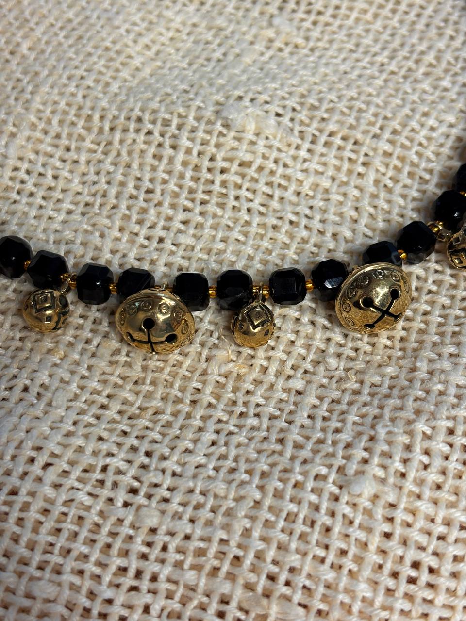 Black Agate Necklace, Brass Charm,