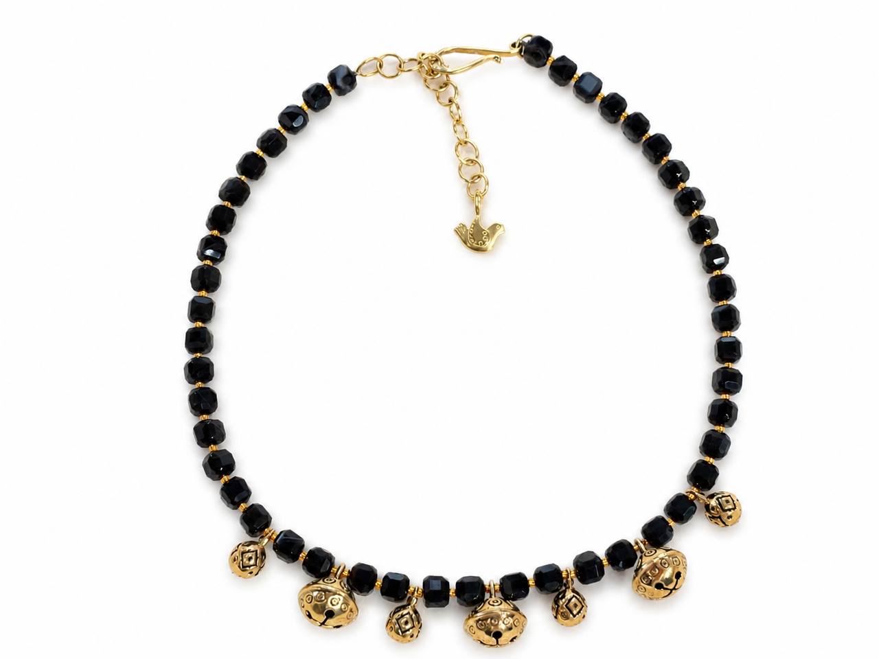 Black Agate Necklace, Brass Charm,