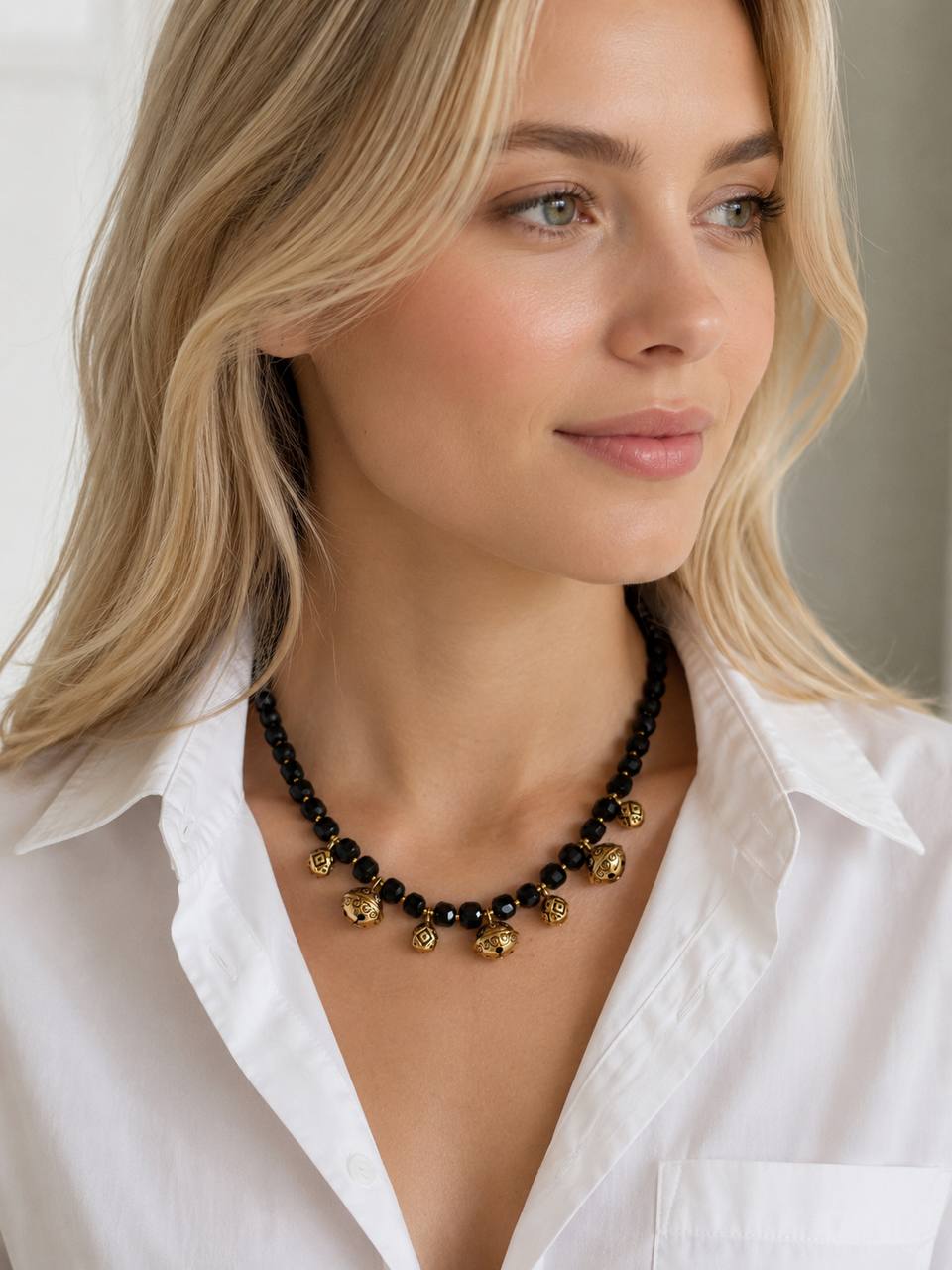 Black Agate Necklace, Brass Charm,