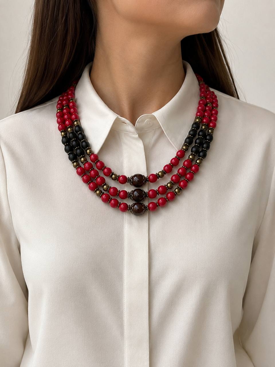Ukrainian Style Red & Black Beaded Necklace
