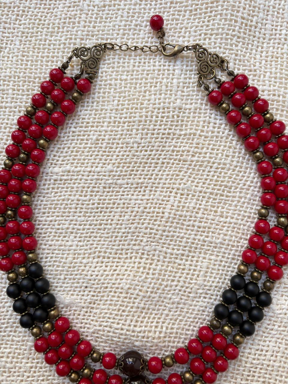 Ukrainian Style Red & Black Beaded Necklace