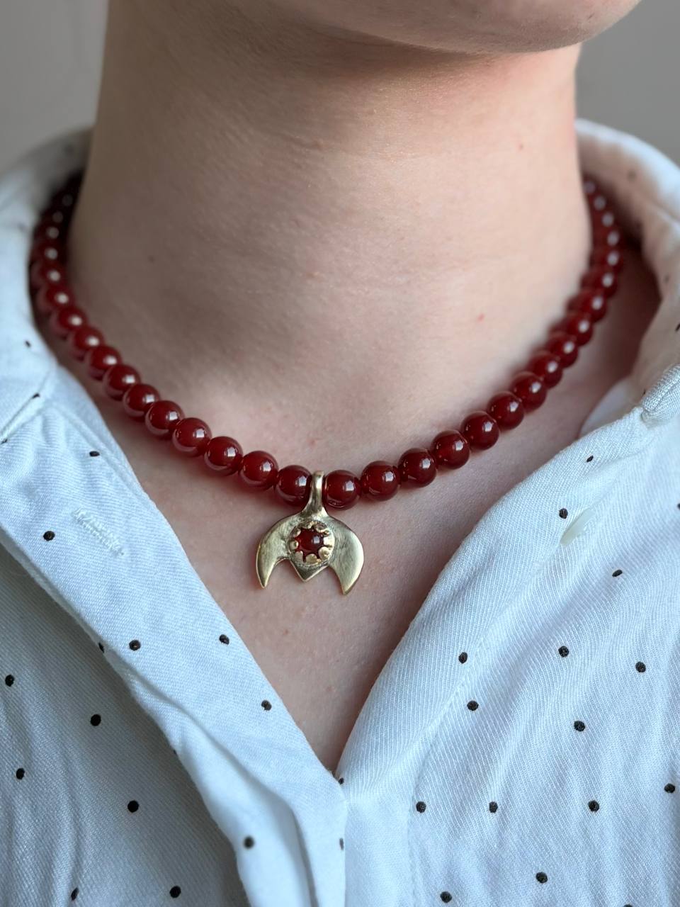 Handmade Red Beaded Necklace with Crescent Pendant