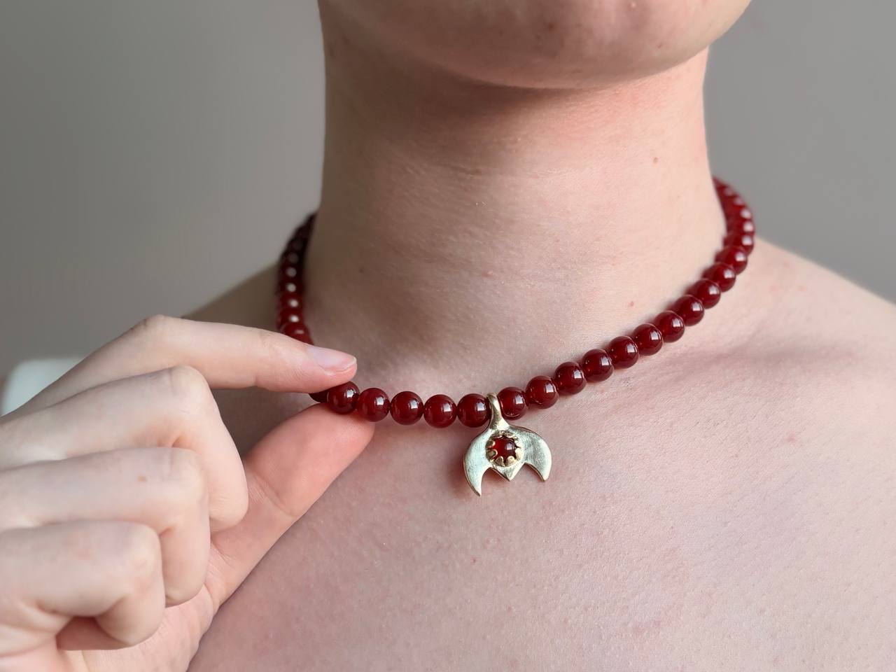 Handmade Red Beaded Necklace with Crescent Pendant