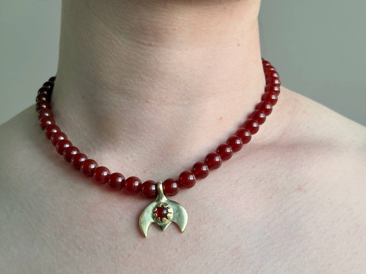 Handmade Red Beaded Necklace with Crescent Pendant