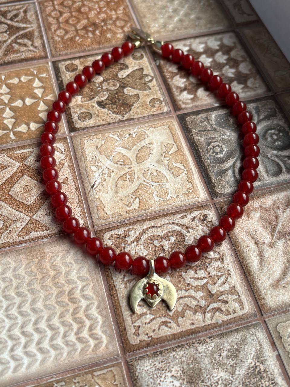 Handmade Red Beaded Necklace with Crescent Pendant