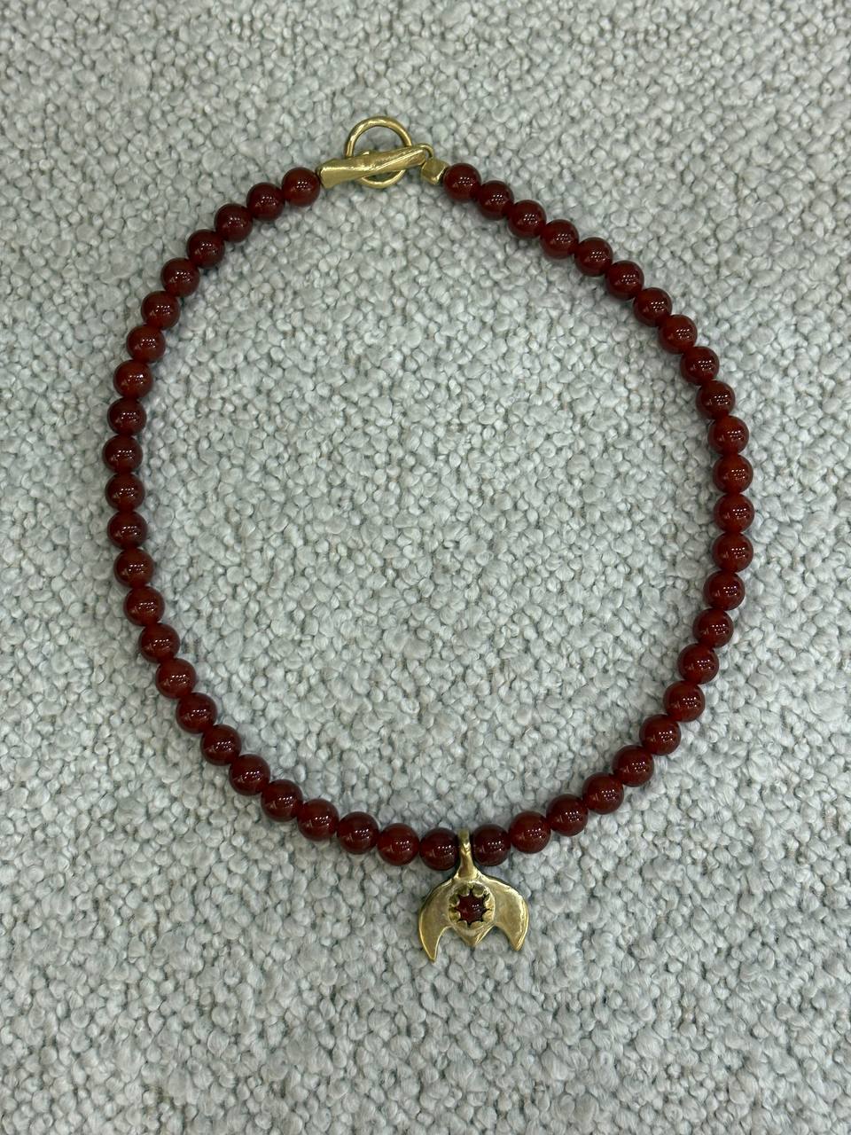 Handmade Red Beaded Necklace with Crescent Pendant