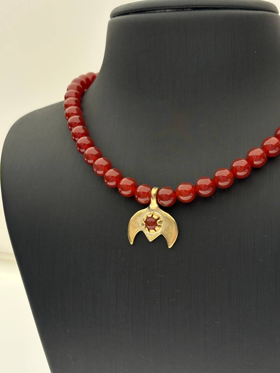 Handmade Red Beaded Necklace with Crescent Pendant