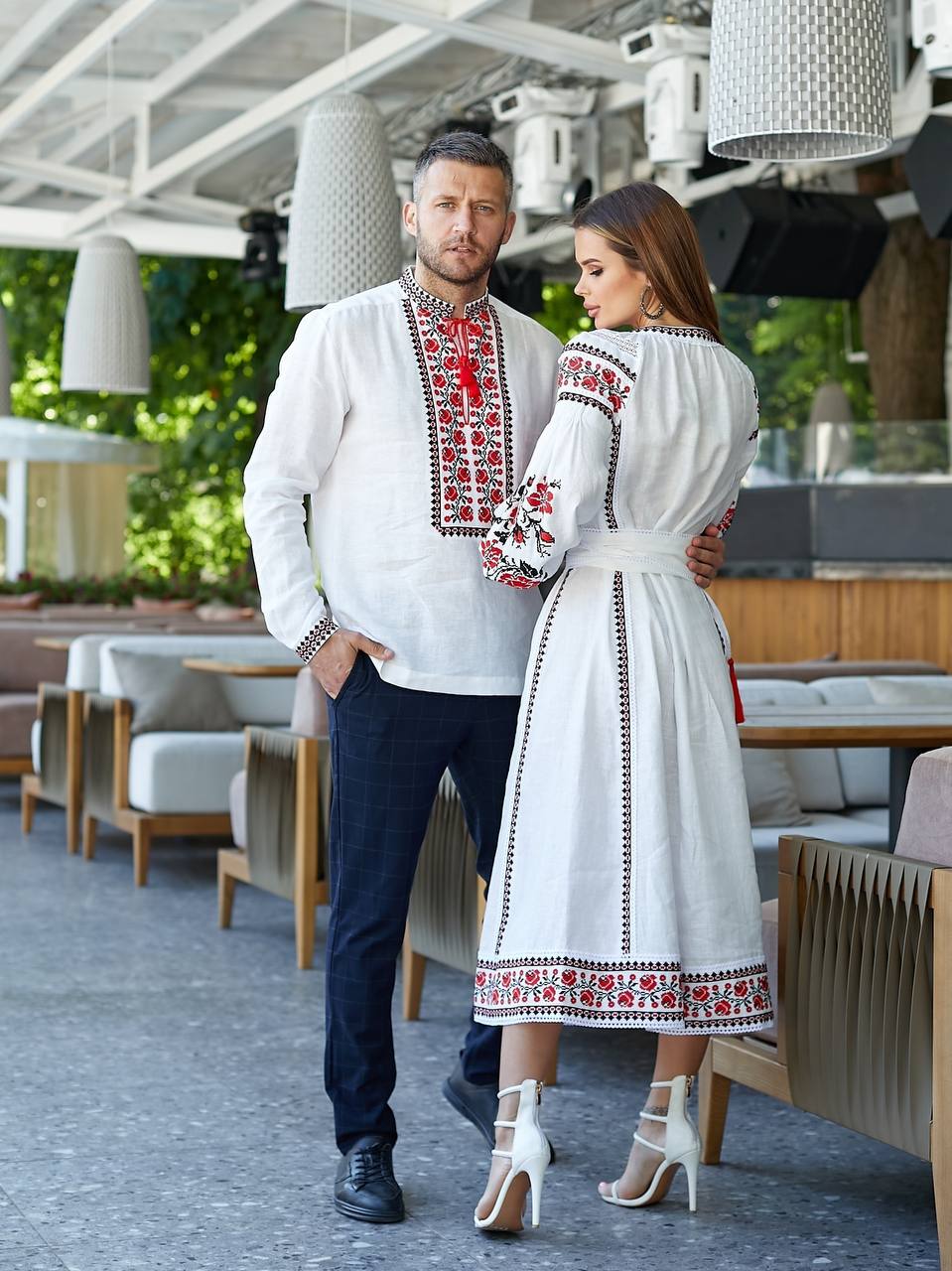 Men's White Linen Embroidered shirt Vyshyvanka Shirt with Red Embroidery