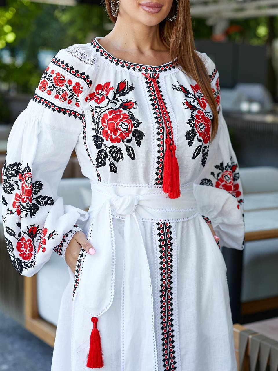 White Linen Wedding Dress with Red Ukrainian Embroidery - Boho Style