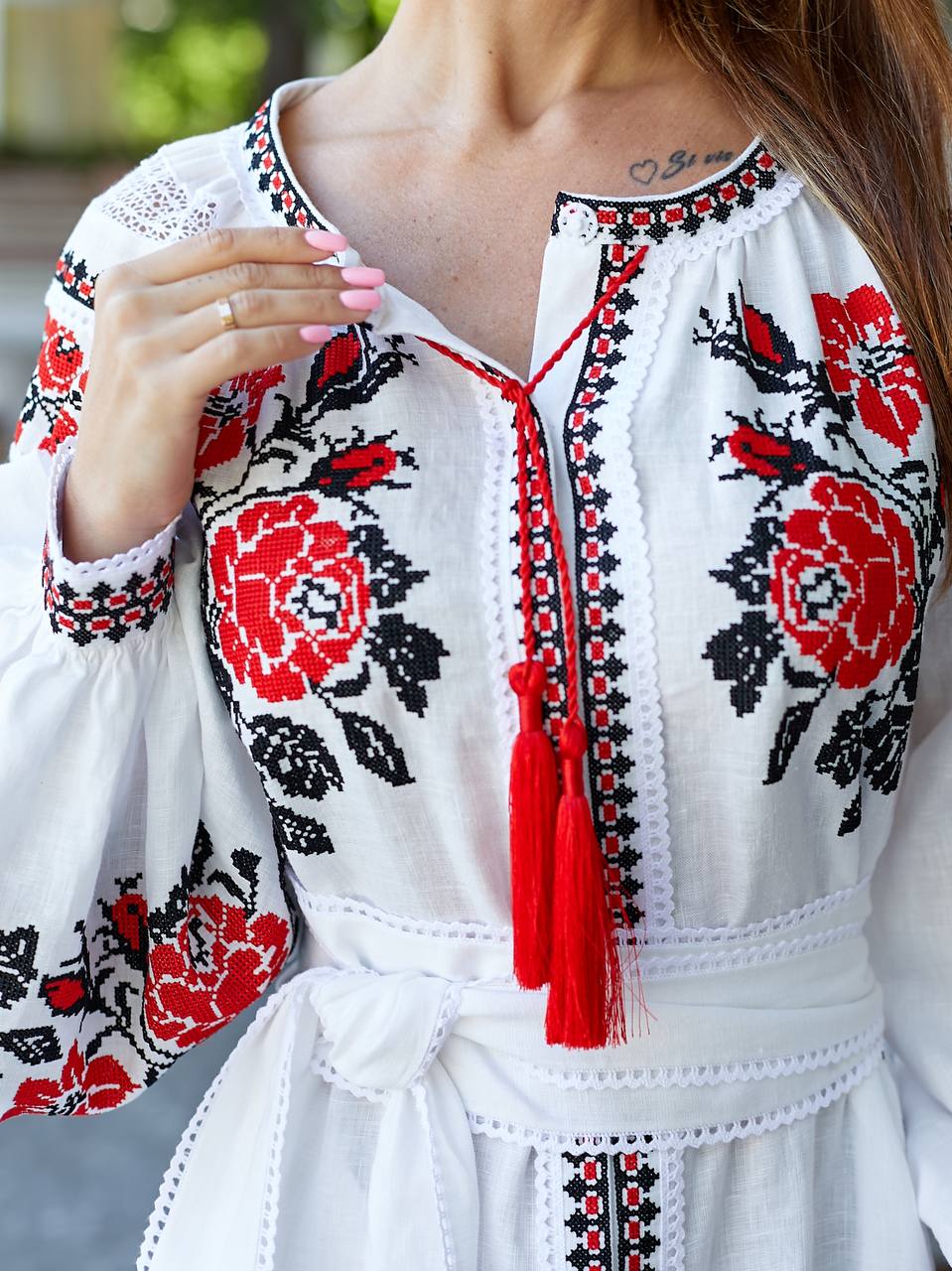 White Linen Wedding Dress with Red Ukrainian Embroidery - Boho Style