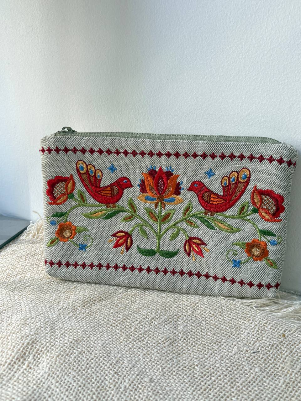 Embroidered Ukrainian Pattern Small Makeup Bag Cute Cosmetic Pouch Floral Bird Design