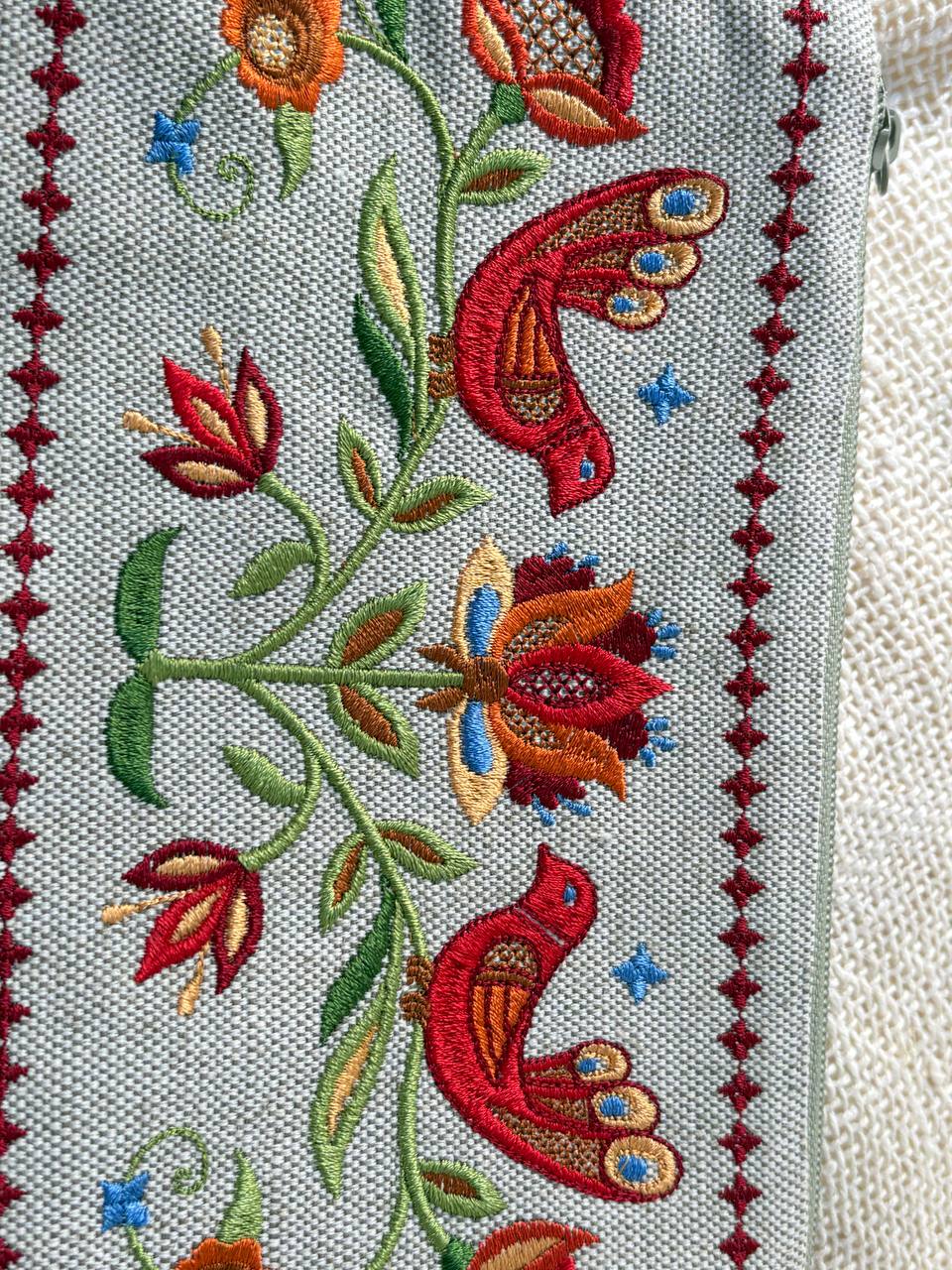 Embroidered Ukrainian Pattern Small Makeup Bag Cute Cosmetic Pouch Floral Bird Design