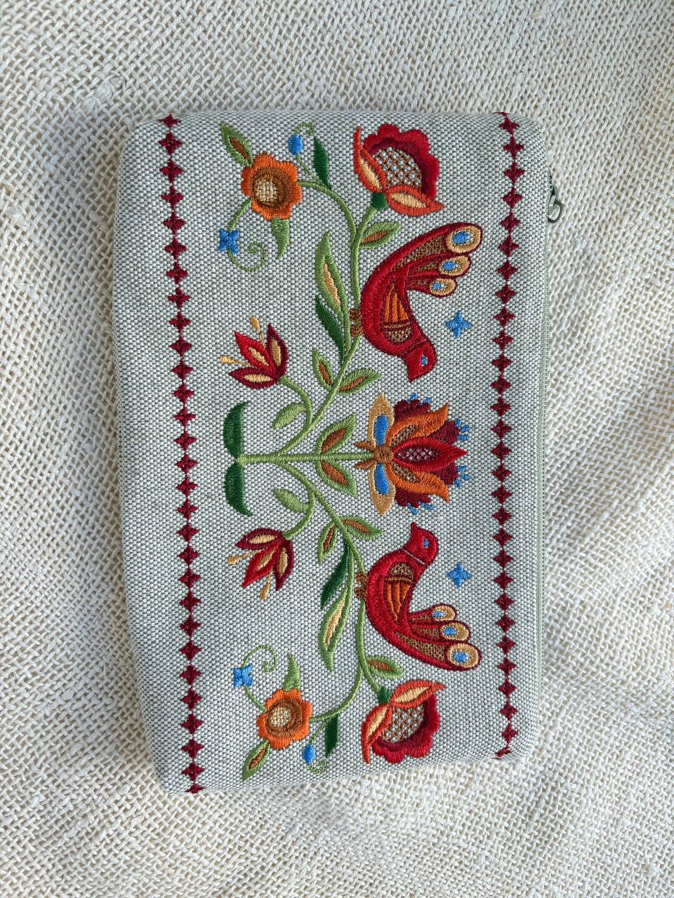 Embroidered Ukrainian Pattern Small Makeup Bag Cute Cosmetic Pouch Floral Bird Design