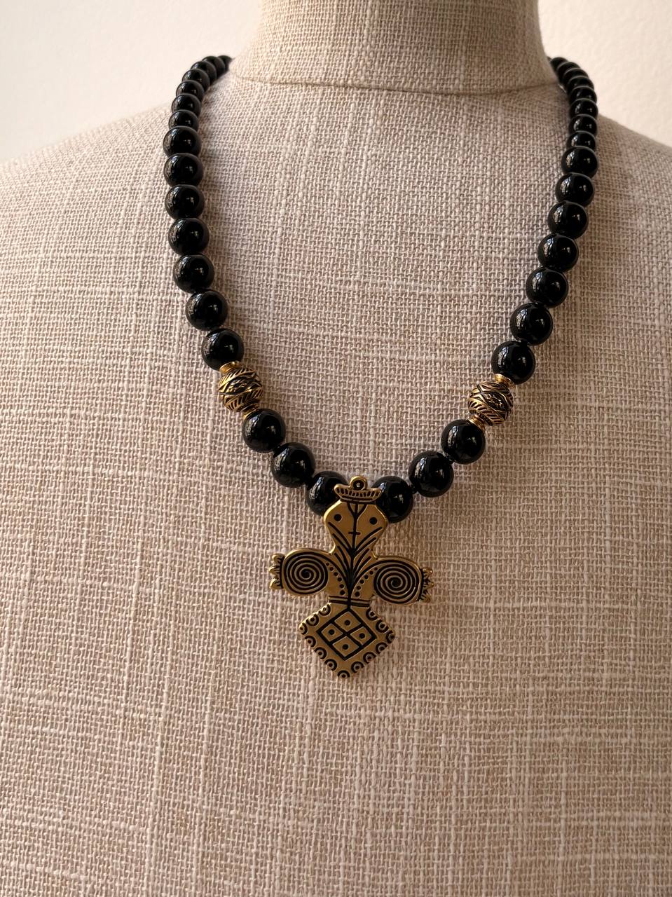 Black Onyx Necklace with Ukrainian Folk-Inspired Pendant