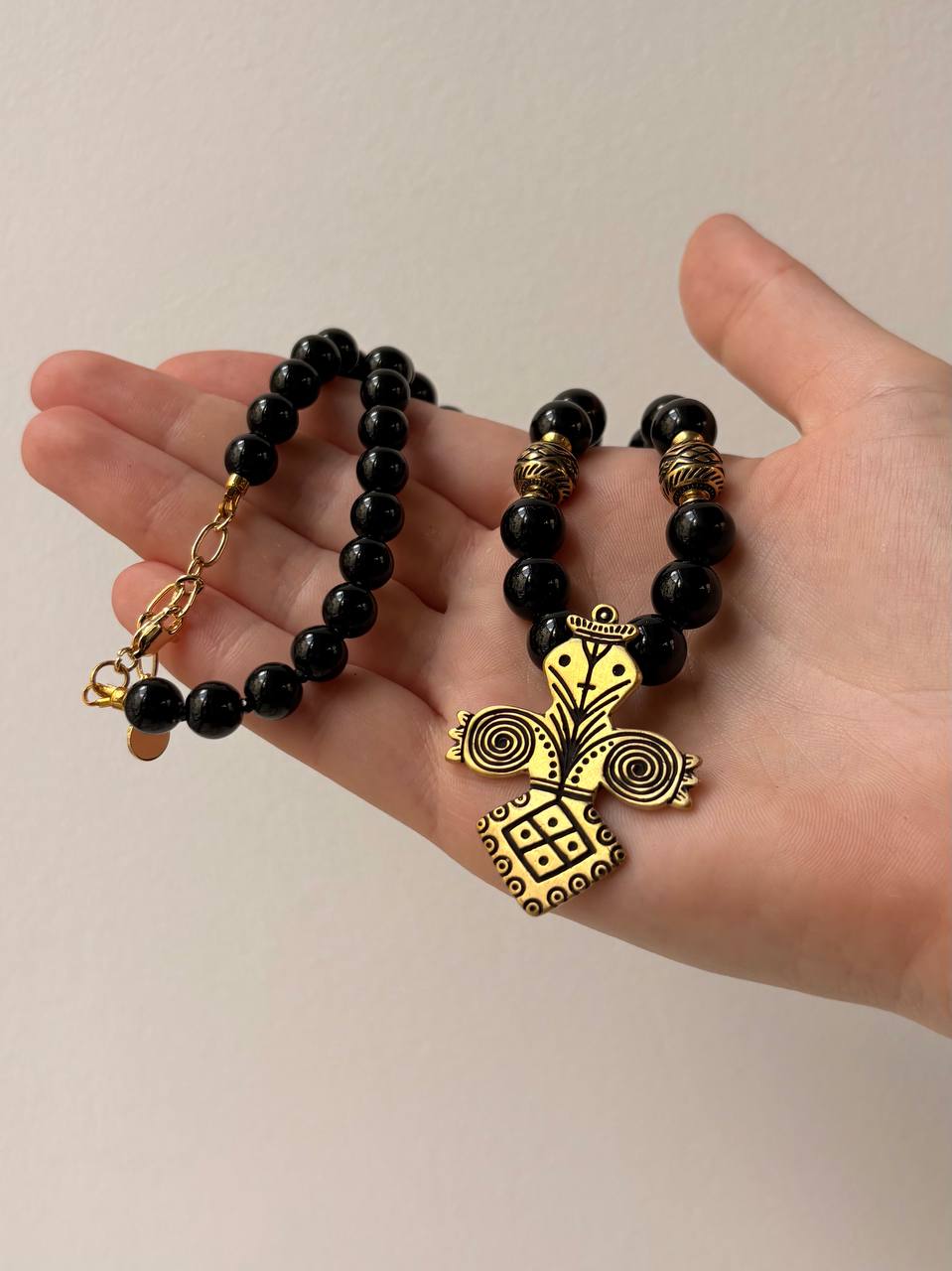 Black Onyx Necklace with Ukrainian Folk-Inspired Pendant