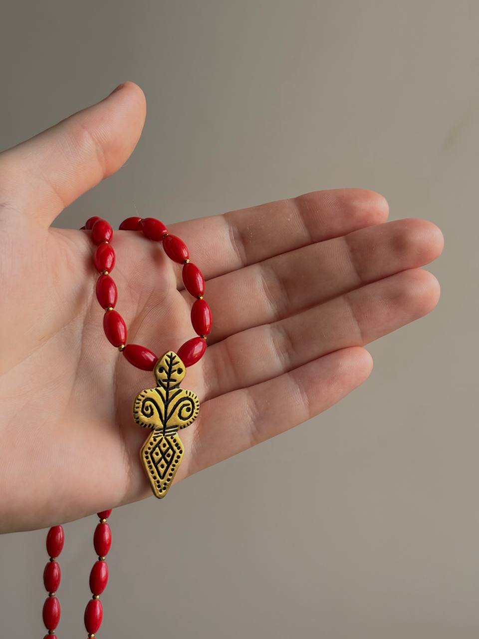 Red Coral Necklace with Brass Folk-Inspired Pendant