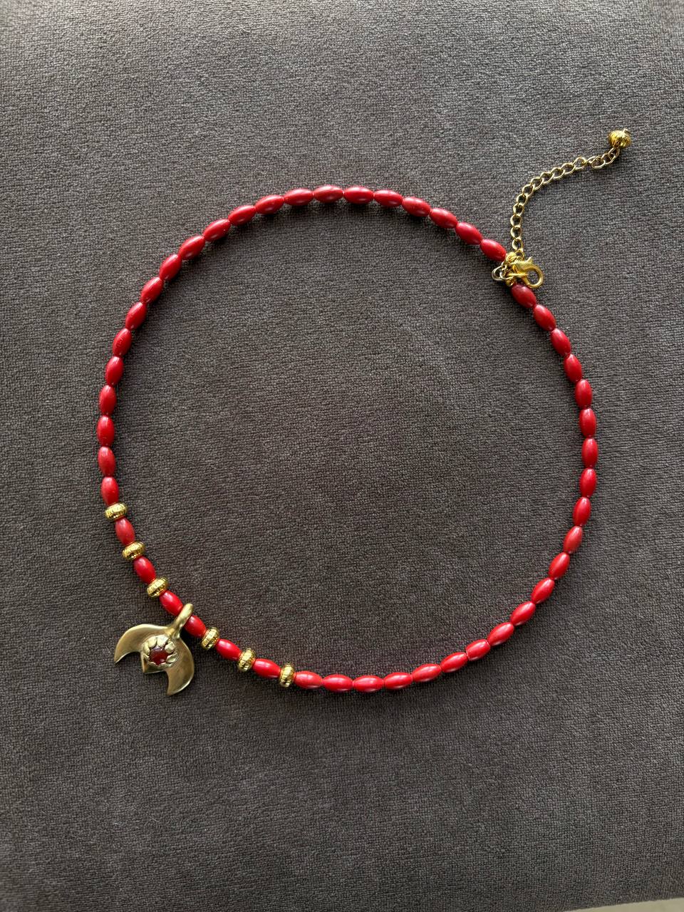 Red Coral Necklace with Brass Pendant