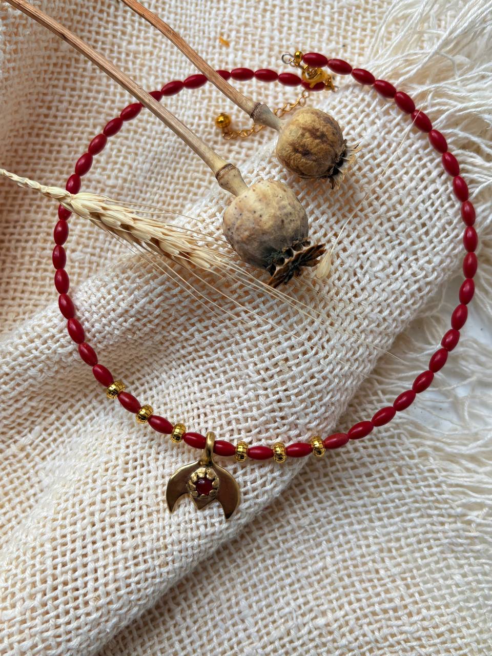 Red Coral Necklace with Brass Pendant