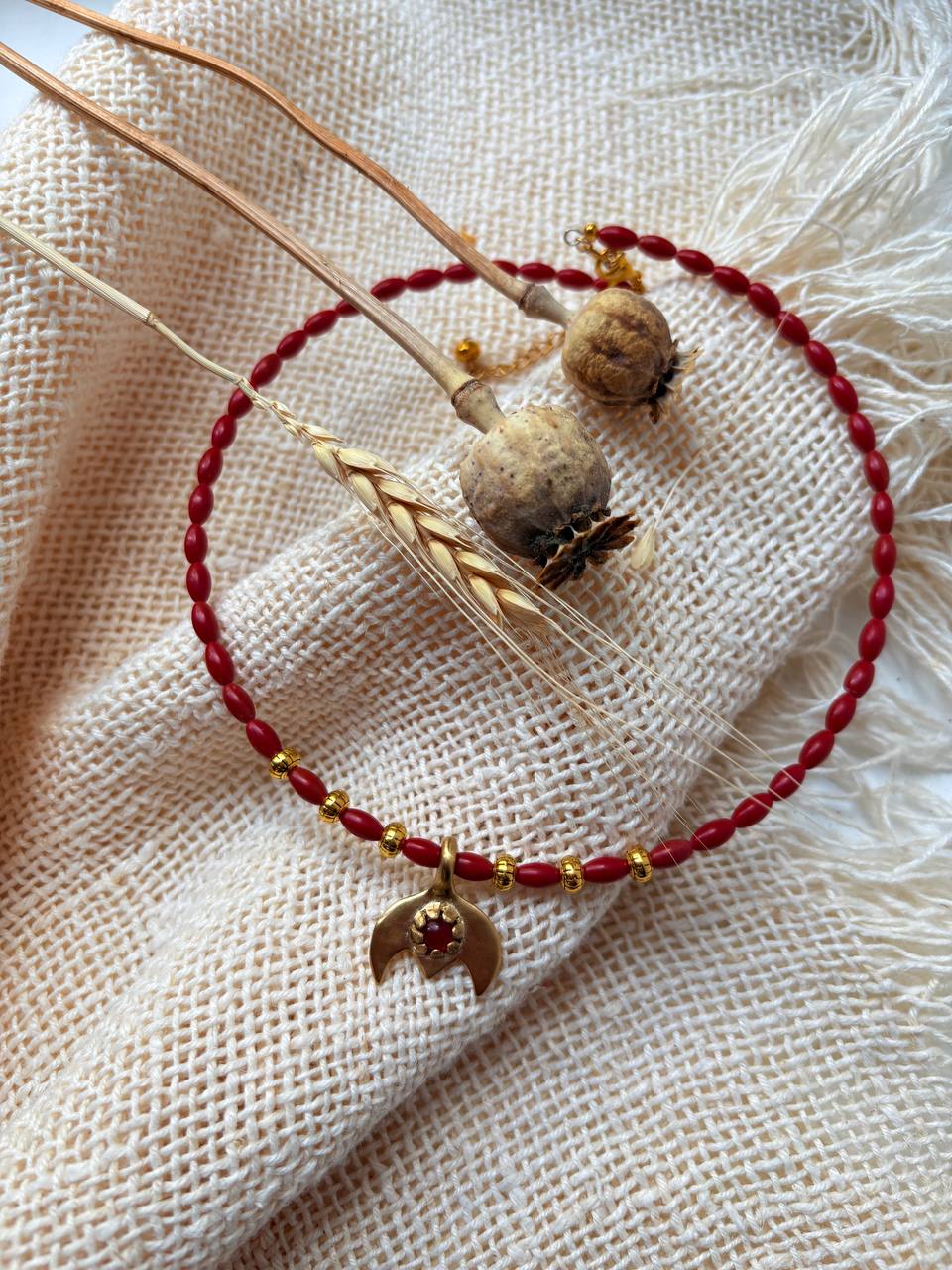 Red Coral Necklace with Brass Pendant