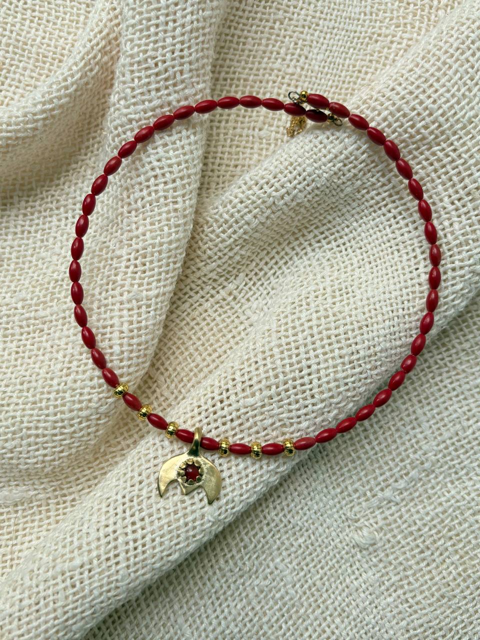 Red Coral Necklace with Brass Pendant