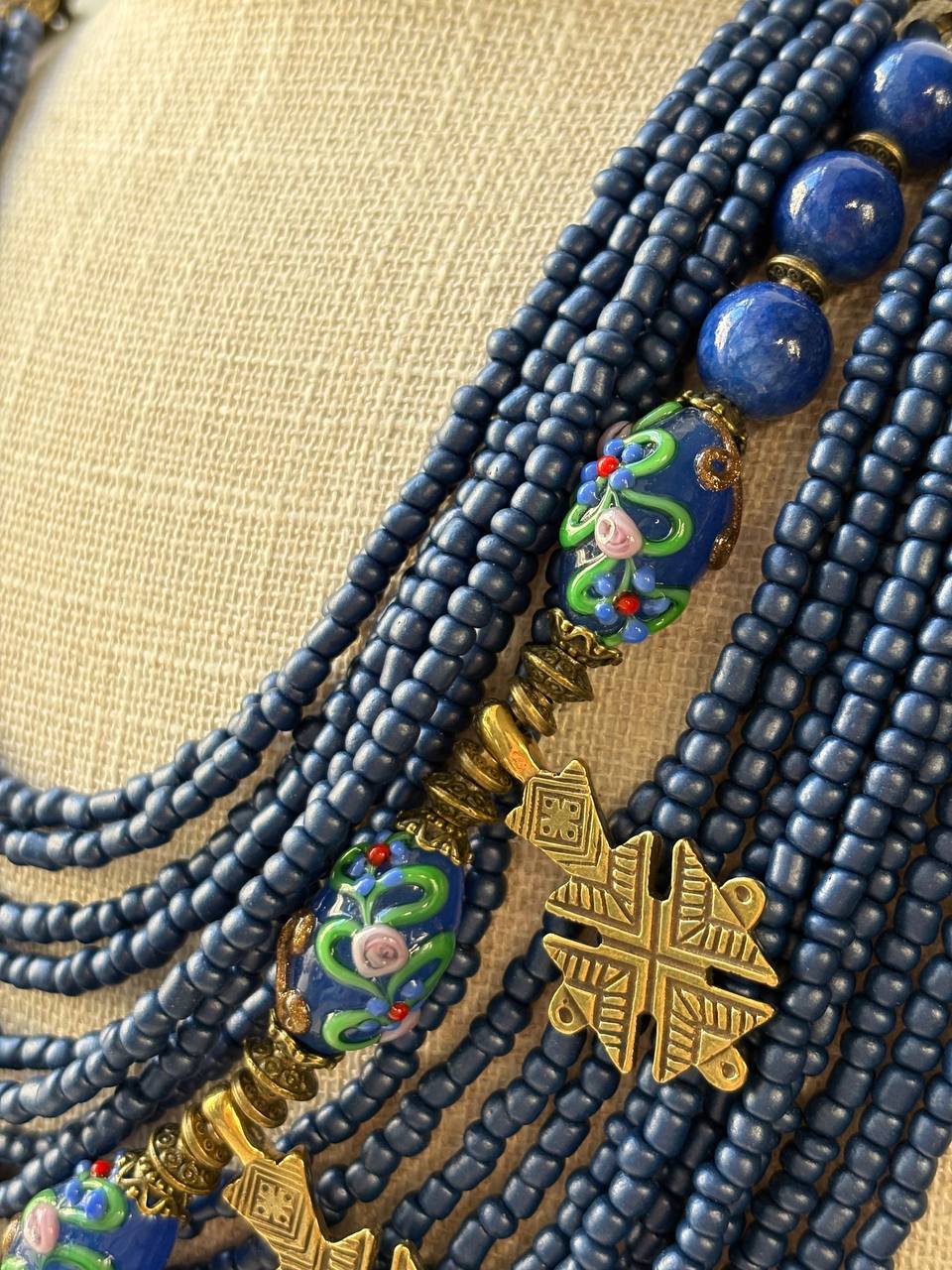 Traditional Ukrainian Zgarda, Blue Glass Bead Necklace, Handmade Ethnic Jewelry with Brass Crosses and Dukach
