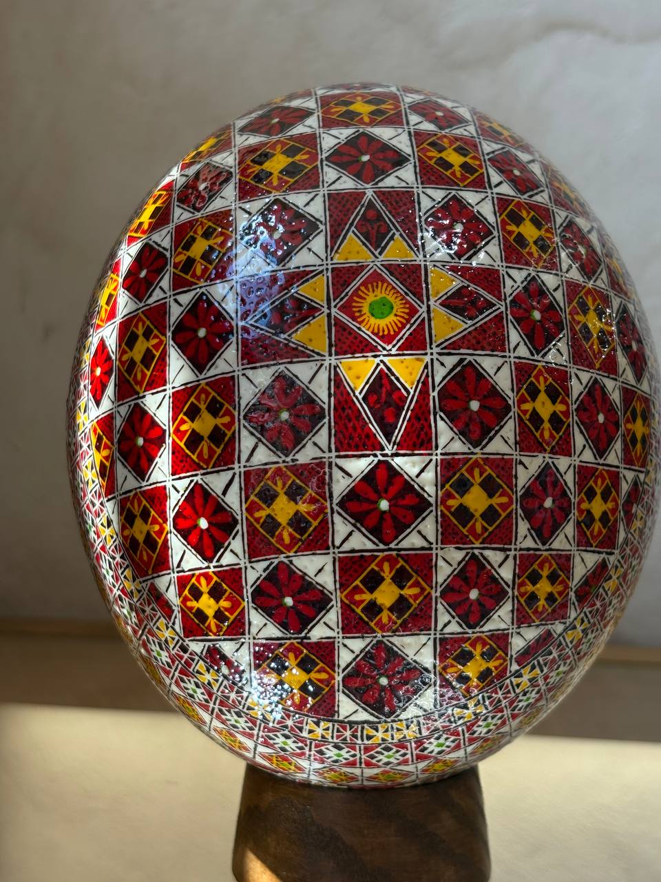 Handmade Ukrainian Ostrich Egg Pysanka - Traditional Easter Decor