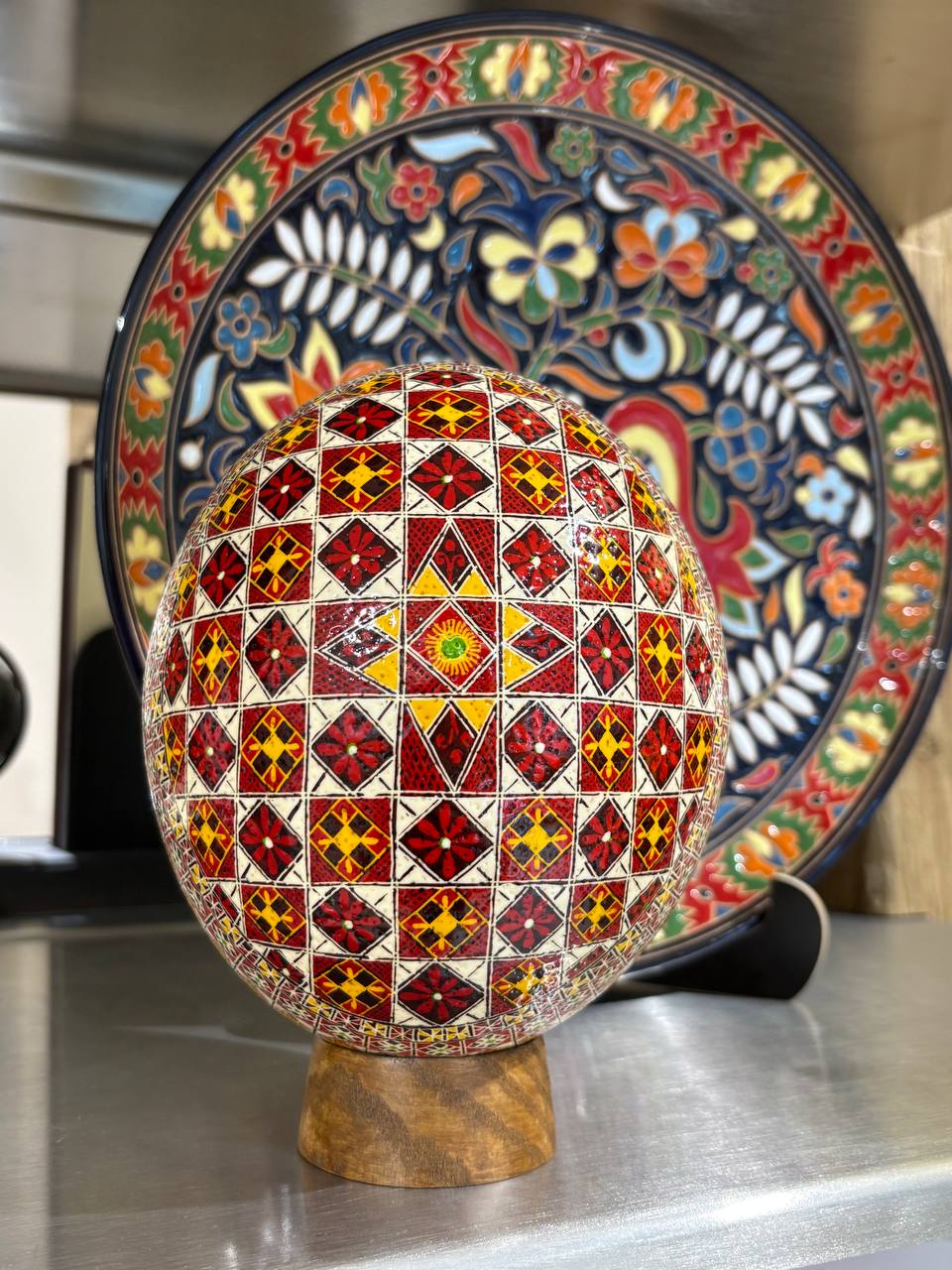 Handmade Ukrainian Ostrich Egg Pysanka - Traditional Easter Decor