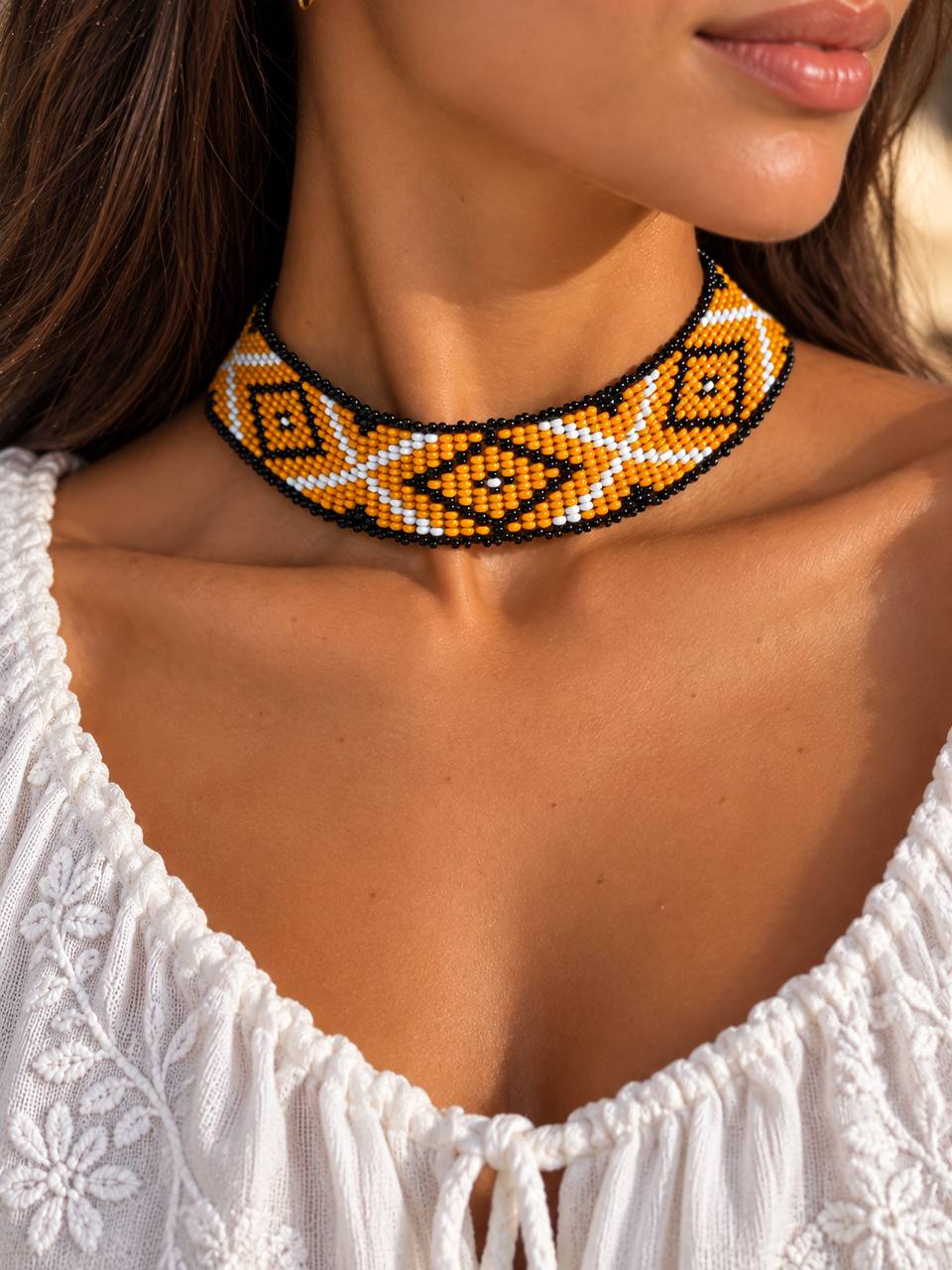 Ukrainian SYLYANKA Seed Bead Necklace | Handmade Orange Vyshyvanka Design