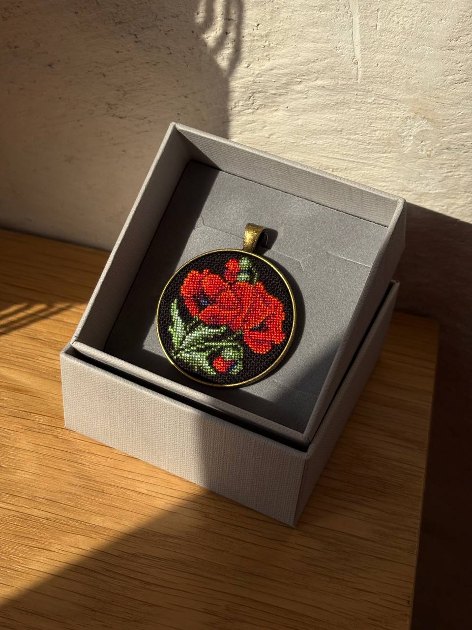 Embroidered Poppy Pendant – Ukrainian Floral Jewelry